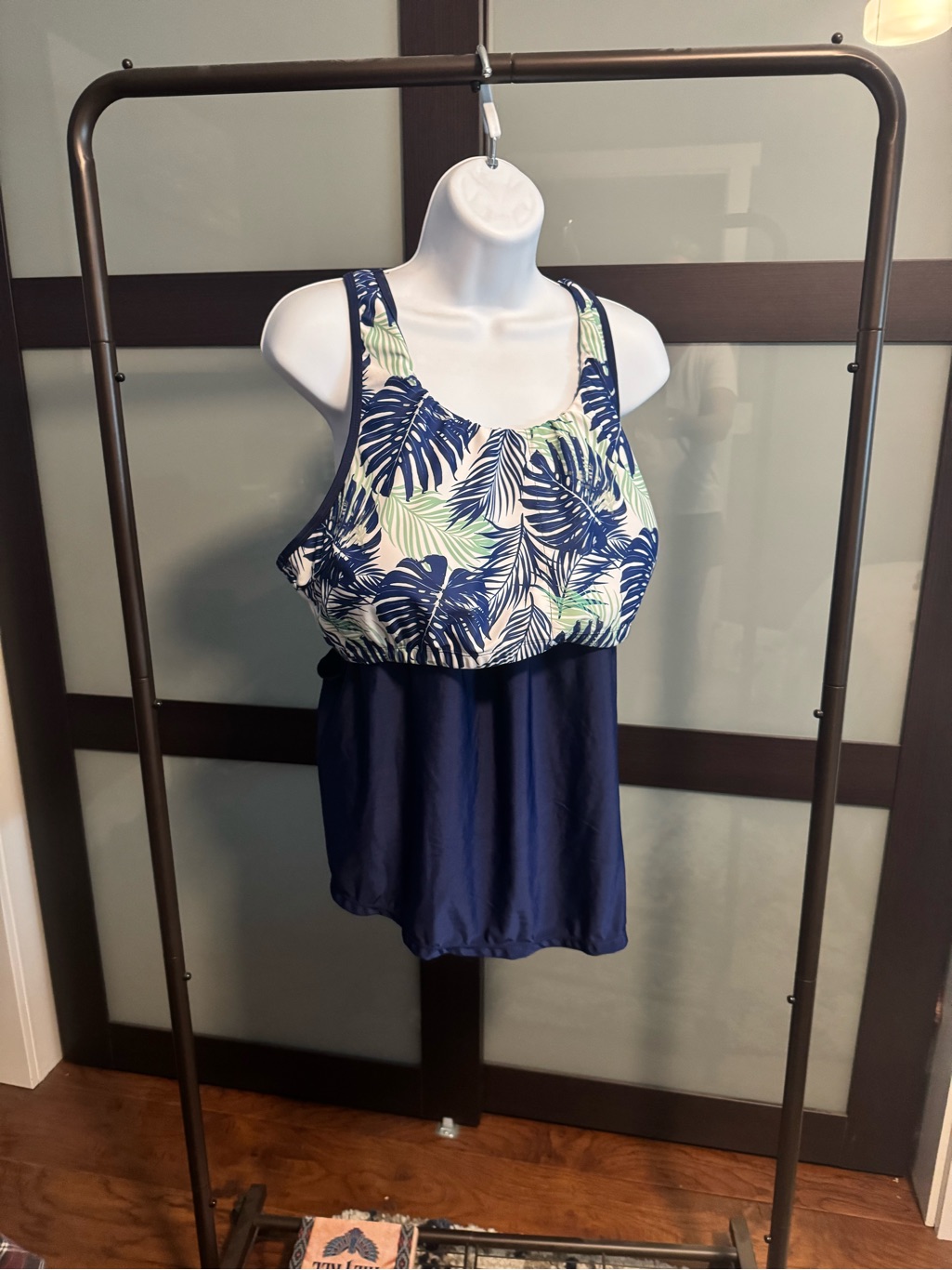 Shein Navy Blue Tropical Leaf Tankini Swim Top & Bottoms.